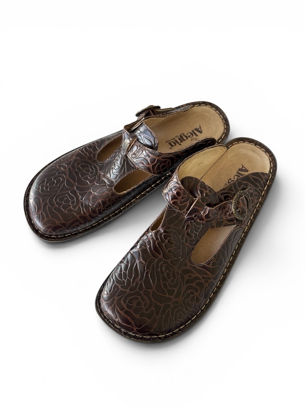Alegria Rose Embossed Brown Leather Clogs ALG-532 Size 41